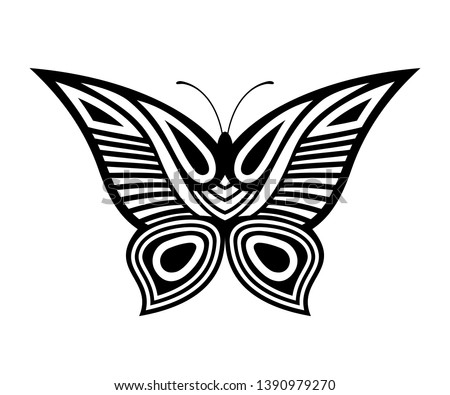 Abstract decorative butterfly illustration, isolated on white background. Tattoo pattern. Vector icon, symbol.