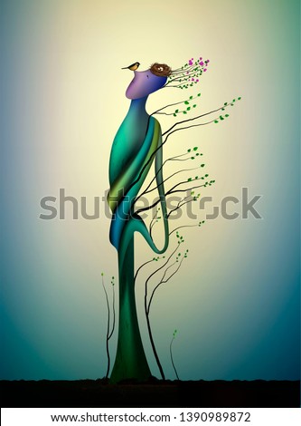 alive happy spring tree with titmouses bird, concept of happy tree, tree soul, man like smile to the bird, fairytale in  the nature, plant alive idea, vector