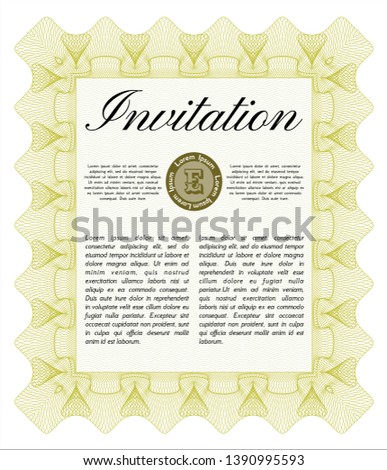 Yellow Invitation. With great quality guilloche pattern. Detailed. Modern design. 