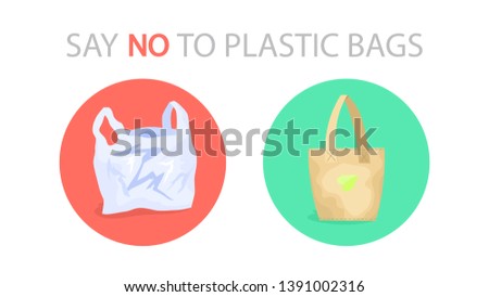 Say no to plastic bag ecological web banner concept. Idea of environment pollution. Go green and purchase paper bag. Isolated vector illustration in cartoon style