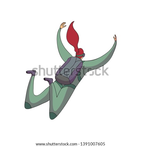 Skydiver woman flies in a green suit with a backpack. View from above. Vector illustration on white background.