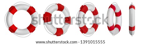 3d rescue life belt illustrations. 5 different perspectives of lifeboat, buoy. Realistic vetor illustration collection. Set of lifeline icons isolated. Royalty-Free Stock Photo #1391015555
