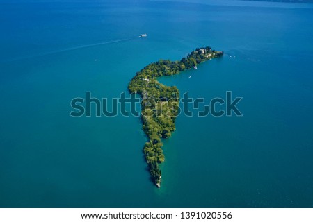 Aerial photography with drone, Isola del Garda in Garda lake, Italy. 