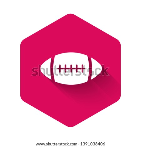 White American Football ball icon isolated with long shadow. Pink hexagon button. Vector Illustration