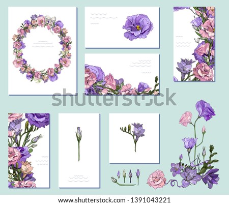 Vector Floral spring templates with elegant bunches of violet purple pink Eustoma Lisianthus and Freesia. For romantic and wedding design, announcements, greeting cards, posters, advertisement.