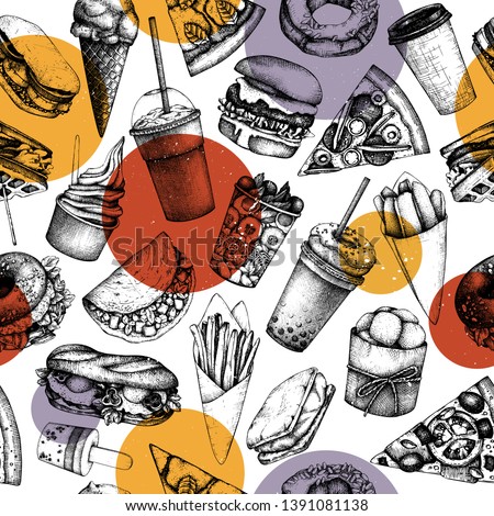 Seamless pattern with hand drawn fast food illustrations. Vintage background for restaurant, cafe or food truck menu. 
Engraved style elements - burger, ice cream, milkshake, fries, pizza drawings.