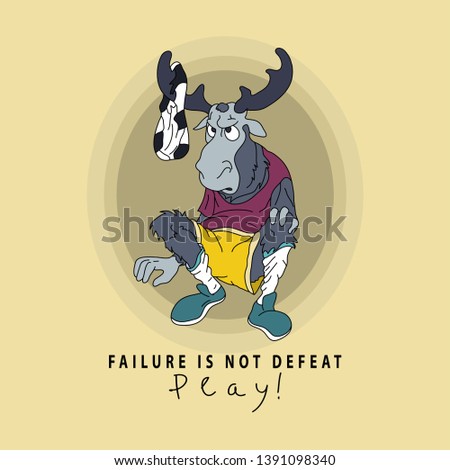 Tired, distressed and funny football player elk was defeated. Motivational sports banner, poster, template. Failure is not  defeat. Play! Bright vector cartoon character for teenage, college football.