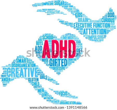 ADHD word cloud on a white background. 