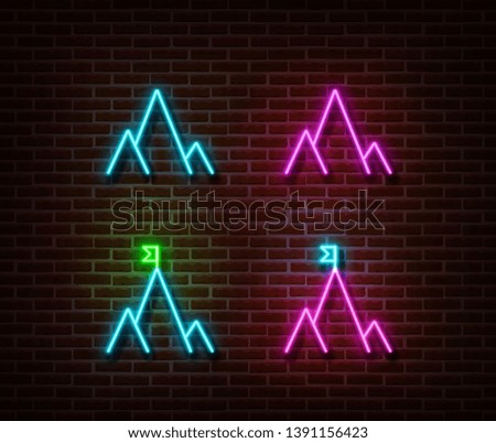 Neon mountain sign vector isolated on brick wall. Travel camp light symbol, decoration effect. Neon mountain illustration.