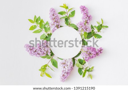 Flat lay round frame with branches of lilac and branches with green leaves on a white background
