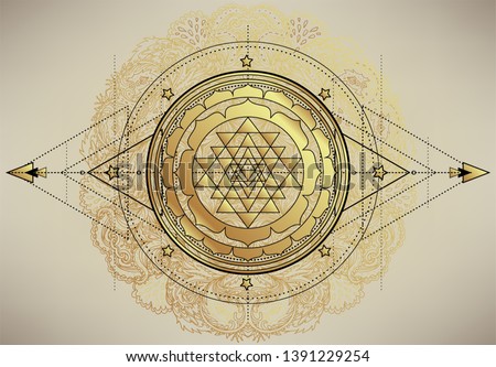 The Sri Yantra or Sri Chakra, form of mystical diagram, Shri Vidya school of Hindu tantra symbol. Sacred geometry vector design element. Vector illustration. Alchemy, occultism, spirituality. Royalty-Free Stock Photo #1391229254