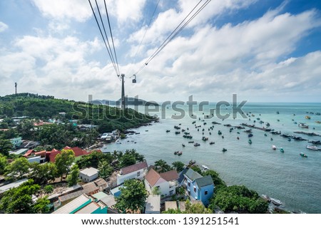 Aerial view of The Longest Cable Car situated on the Phu Quoc Island, Kien Giang in South Vietnam. View at An Thoi village.