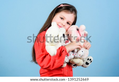 My funny friend. happy childhood. Birthday. little girl playing game in playroom. small girl with soft bear toy. child psychology hugging a teddy bear. toy shop. childrens day. Best friend.