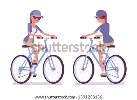 Hiking woman riding bike. Female cyclist tourist wearing clothes for long outdoor walks, sporting or leisure activity across country. Vector flat style cartoon illustration isolated, white background