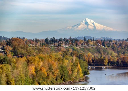 Mt. Hood rising above Portland, Oregon on a beautiful fall day