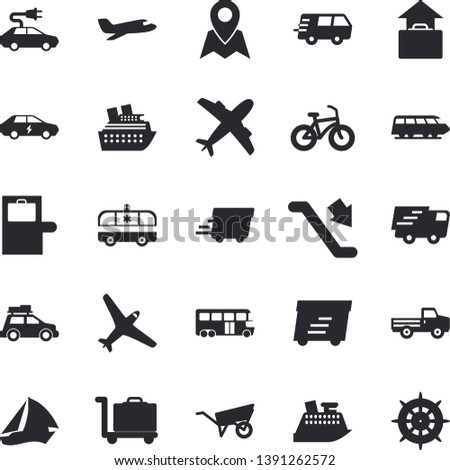 Solid vector icon set - wheelbarrow flat vector, pickup truck, electric cars, trucking, express delivery, ambulance, bicycle, aircraft vector, train, car, bus, sailboat, escalator, baggage claim