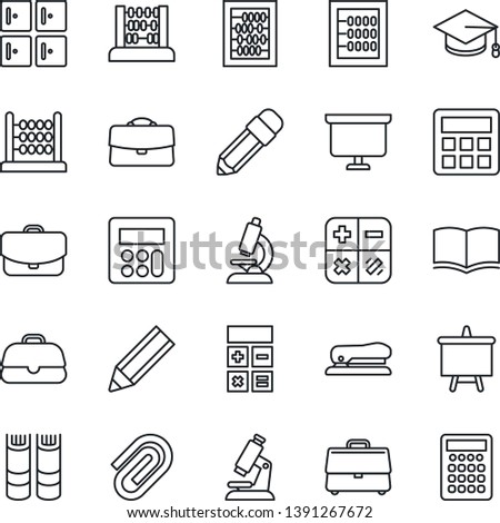 Thin Line Icon Set - checkroom vector, book, calculator, graduate, abacus, presentation board, microscope, case, paper clip, pencil, stapler