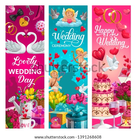 Lovely wedding day, engagement ceremony greetings with holiday cakes, bride and groom. Vector flower bouquets, doves and cupid with heart, arrow and bow. Gifts, wine and coffee drinks, love and swans
