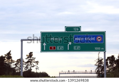 Highway sign with directions to Prague city in Czech Republic