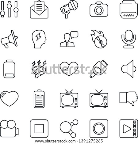 Thin Line Icon Set - tv vector, brainstorm, flame disk, camera, microphone, speaker, loudspeaker, settings, video, share, finger down, heart, battery, low, mail, stop button, hdmi, record