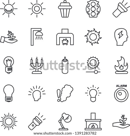 Thin Line Icon Set - sun vector, brainstorm, bulb, fire, traffic light, torch, brightness, desk lamp, fireplace, candle, smoke detector, outdoor, alarm led, palm sproute, shining head, idea
