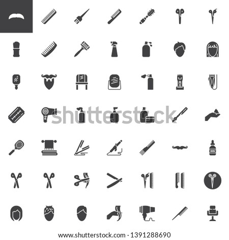 Barber shop vector icons set, modern solid symbol collection, filled style pictogram pack. Signs logo illustration. Set includes icons as mustache and beard, hair comb, shaving brush razor, hairstyle 