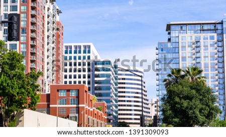 San Jose's downtown skyline, with residential high rises and modern office buildings; Silicon Valley, California