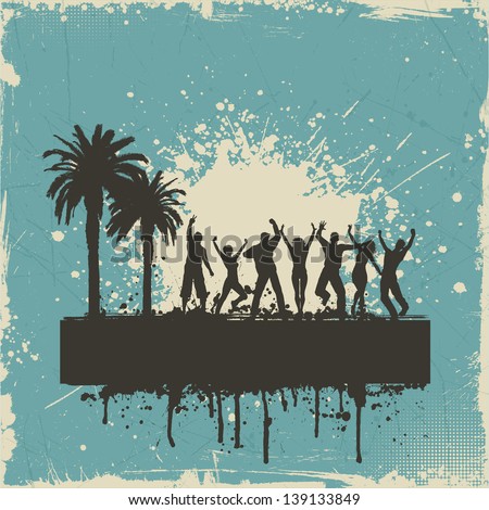 Tropical grunge background with silhouettes of people dancing