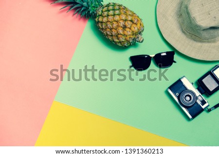 Summer Party. Time To Relax and Travel with sunglasses, Camera, Hat and Pineapple Fruit on Pastel Background. Vintage Design Style