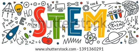 STEM. Science, technology, engineering, mathematics. Science education doodles Royalty-Free Stock Photo #1391360291