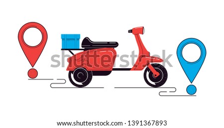 Delivery concept illustration. Scooter with a cargo and destination points isolated on a white background. Food service. Vector illustration