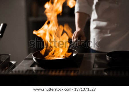 
chef prepares meat in his kitchen, on an open fire, Octopus in white wine