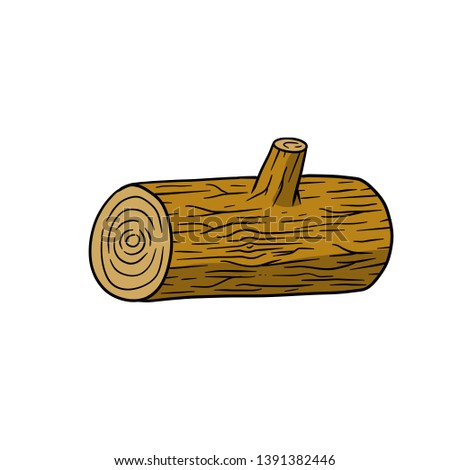 Wooden log. Construction wood material with bark. Brown timber forest element. Color hand-drawn illustration. Work of lumberjack. 