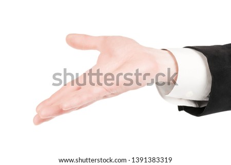Man in suit open hand making giving or supporting gesture. Isolated on white, clipping path included