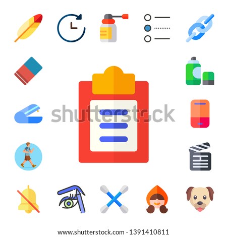 clip icon set. 17 flat clip icons.  Simple modern icons about  - feather, eraser, stapler, clipboard, walking, spray, clapperboard, alarm, future, liner, cotton swab, list, little red riding hood