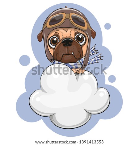 Cute Cartoon Pug dog is flying on a cloud