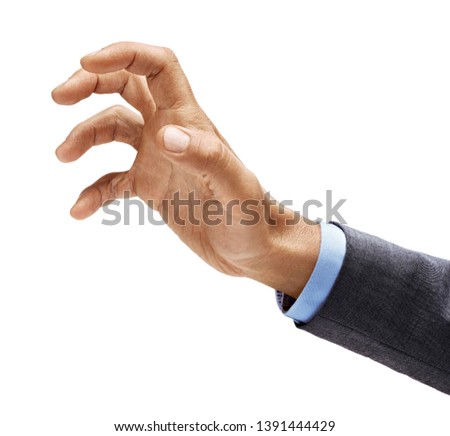 Man's hand in suit grabbing to something isolated on white background. Close up. High resolution product