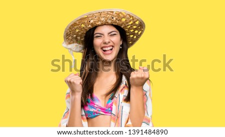 Teenager girl on summer vacation frustrated by a bad situation over isolated yellow background