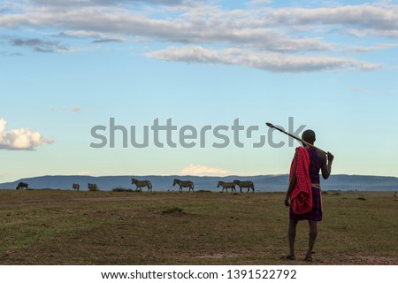 African Masai Tribe in Local traditional dress in open landscape of Masai Mara wildlife Savannah in Kenya  Royalty-Free Stock Photo #1391522792