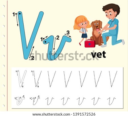 Letter V tracing alphabet worksheets illustration