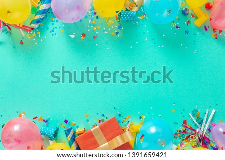 Decoration party. Frame of balloons and various party decorations top view