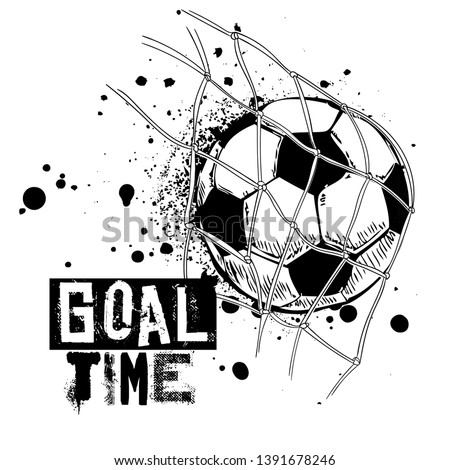 Black and white football print with goal  ball , a slogan -  goal time. Print for textiles, t-shirts, children's clothes. Isolated on white