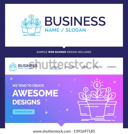 Beautiful Business Concept Brand Name growth, money, plant, pot, tree Logo Design and Pink and Blue background Website Header Design template. Place for Slogan / Tagline. Exclusive Website banner and 