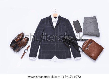 Flat lay set of classic men`s fashion clothes and accessories . Top view


