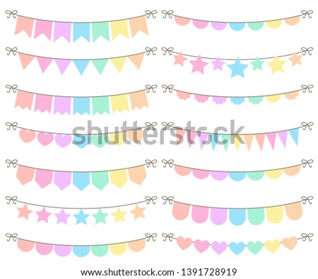 Rainbow Pastel Soft Colored Bunting Vector Set. Colorful flags on string, party garlands, festive pennant banner clip art collection. Birthday decoration. Bunting illustration flat style.