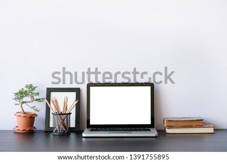 Office desk and white background, Workspace desk and blank scree