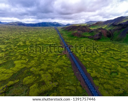 Aerial view of mossy lava field in Iceland, Europe.
