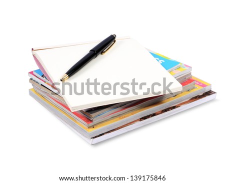  books stack with pen isolated on white background