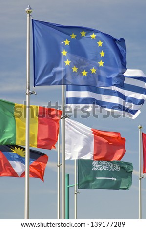 set of european union flags and various countries