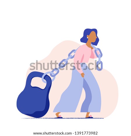 Woman pulling a heavy weight on a chain. Concept of a woman's heavy social load. Woman carrying huge weight. Business woman struggling with mortgage. Flat vector illustration. Royalty-Free Stock Photo #1391773982